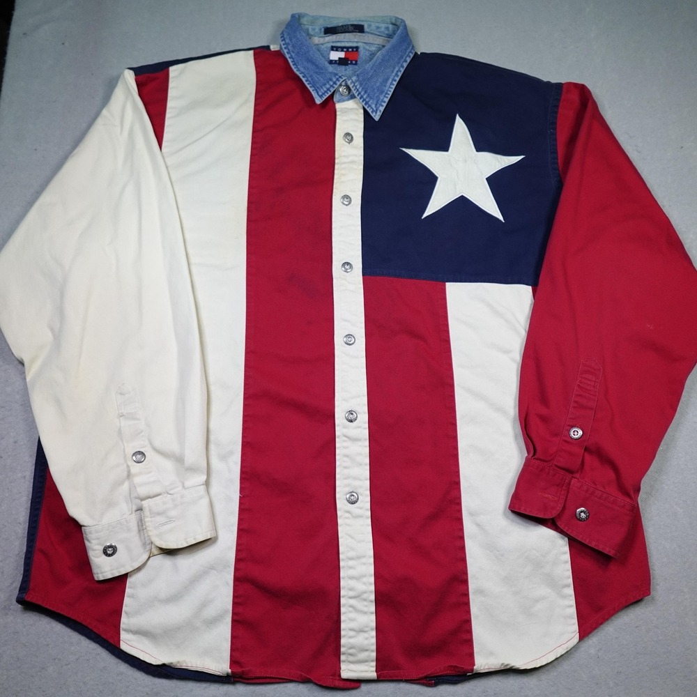Vintage Tommy Jeans Shirt Mens XL American Flag patriotic spell out Logo 90s